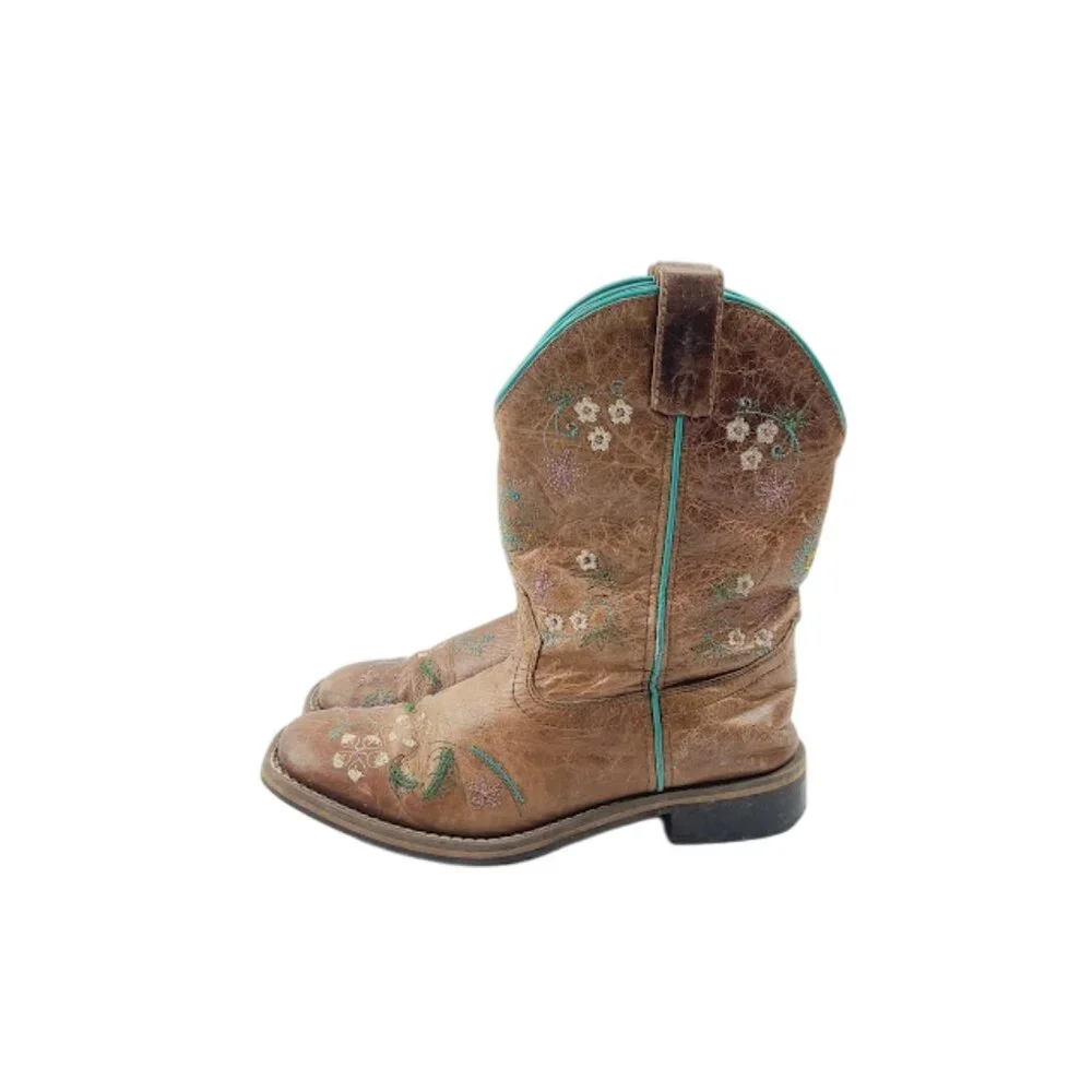 Smoky Mountain‎ Girl's Brown Blue Floral Leather Classic Western Boot Size 3